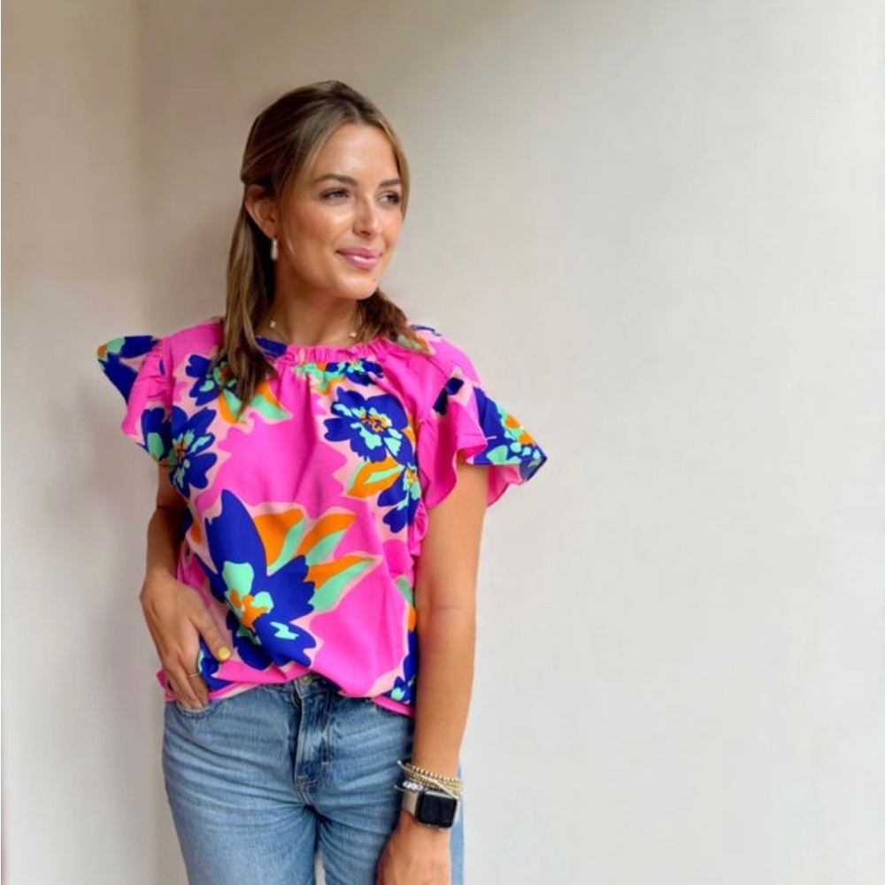 Vibrant Floral Ruffle Sleeve Blouse
